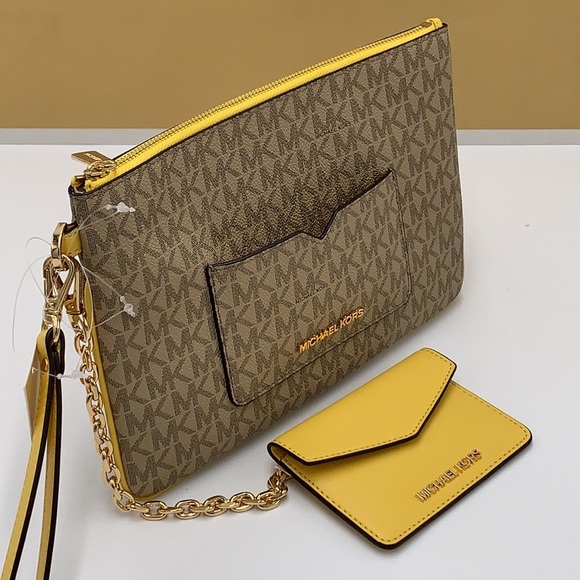 Michael Kors Jet Set LG 2 in 1 card case wristlet Wallet DAFFODIL SIGNATURE - Picture 7 of 16